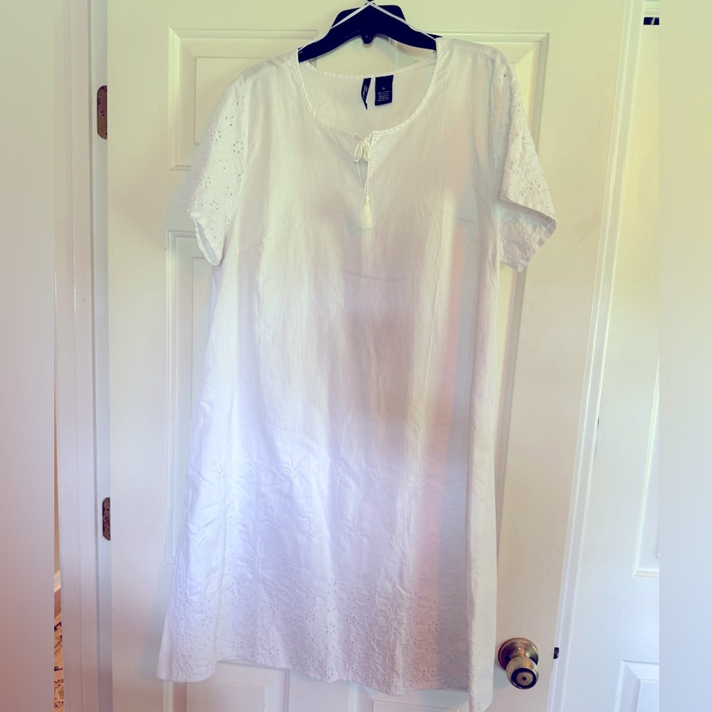 New Directions White Cotton Dress with Eyelet Trim